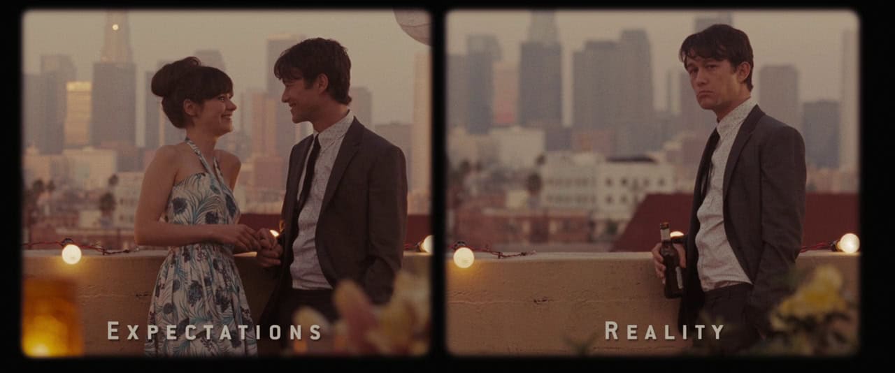 Expectations versus reality romantic rooftop scene, young couple, city skyline, social event, contrast in emotions.