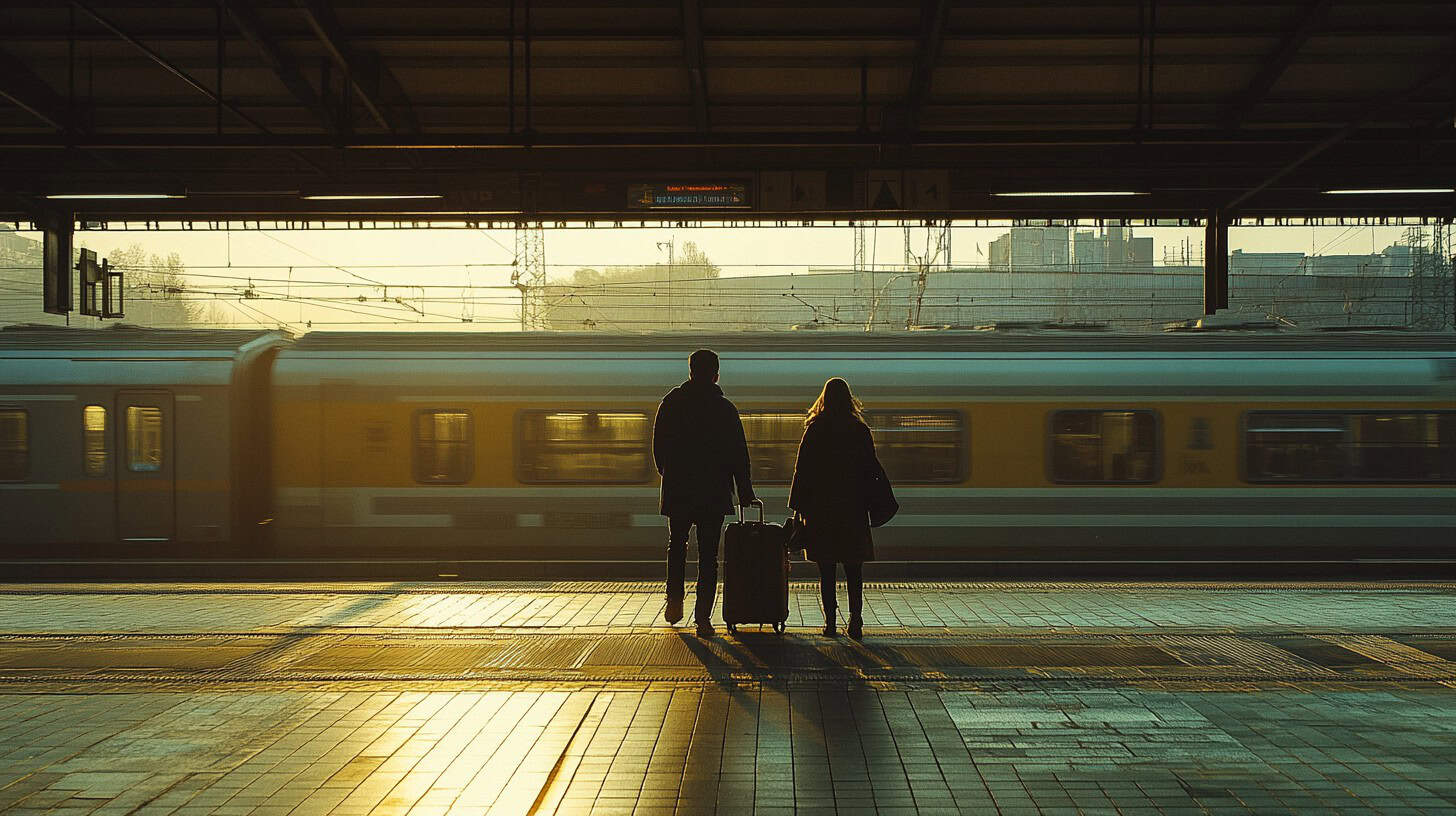 Travelers waiting at train station during sunset, with train passing by in the background.