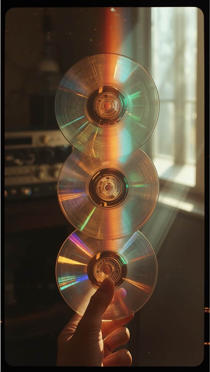 Stacks of colorful CDs reflecting sunlight in a cozy room.