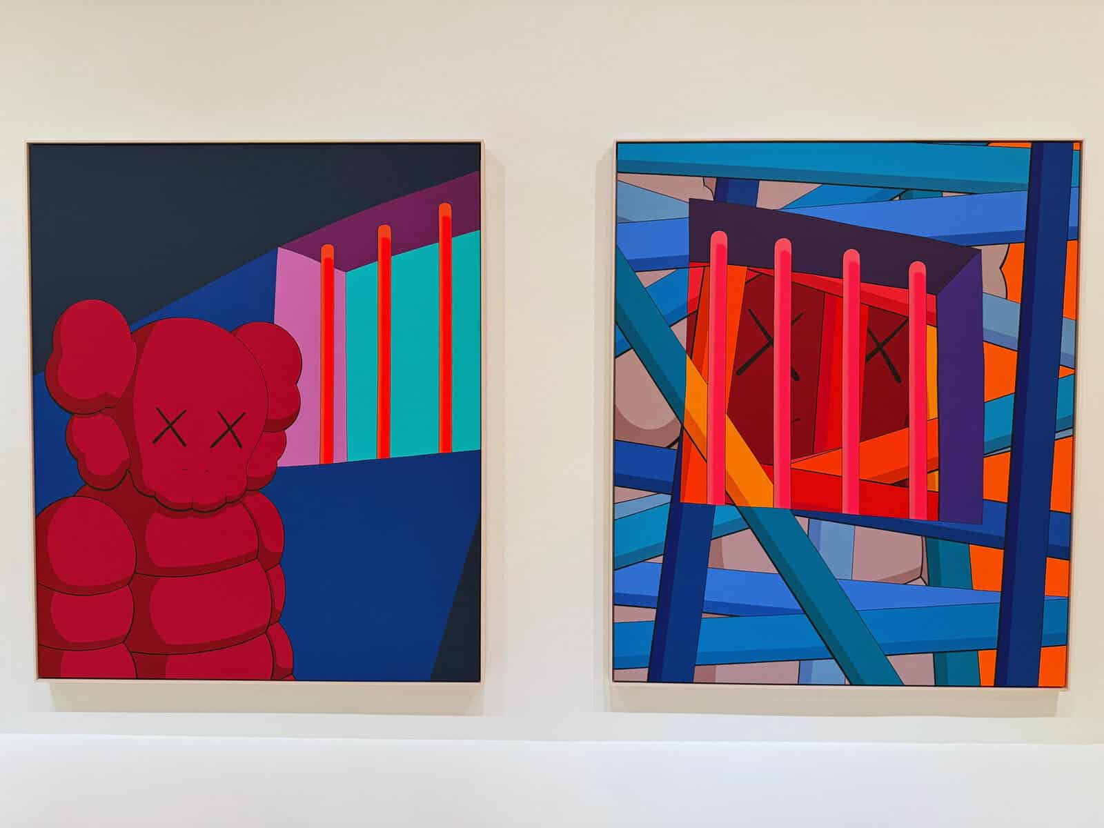 Colorful abstract artwork featuring pink teddy bear and geometric shapes in contemporary art style.